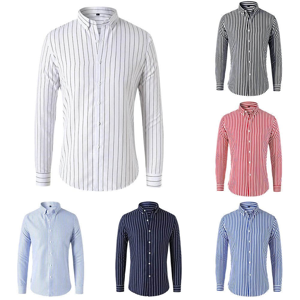Fashion Men's Shirts And Blouses Striped Long Sleeve Single Breasted Slim Tops Lapel Party Social Shirt Clothing For Men