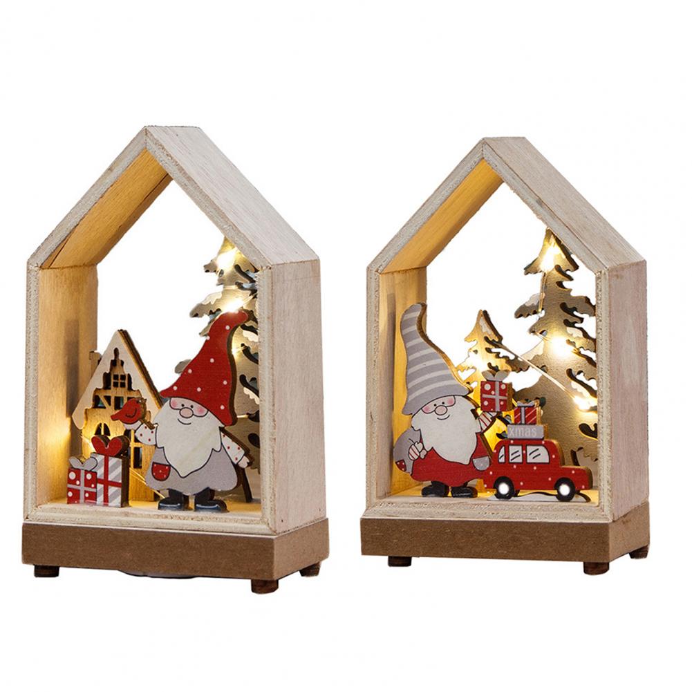 Christmas Ornaments Xmas LED Wooden House Glowing Santa Claus Wooden House Ornament For Party Home Desktop Decor