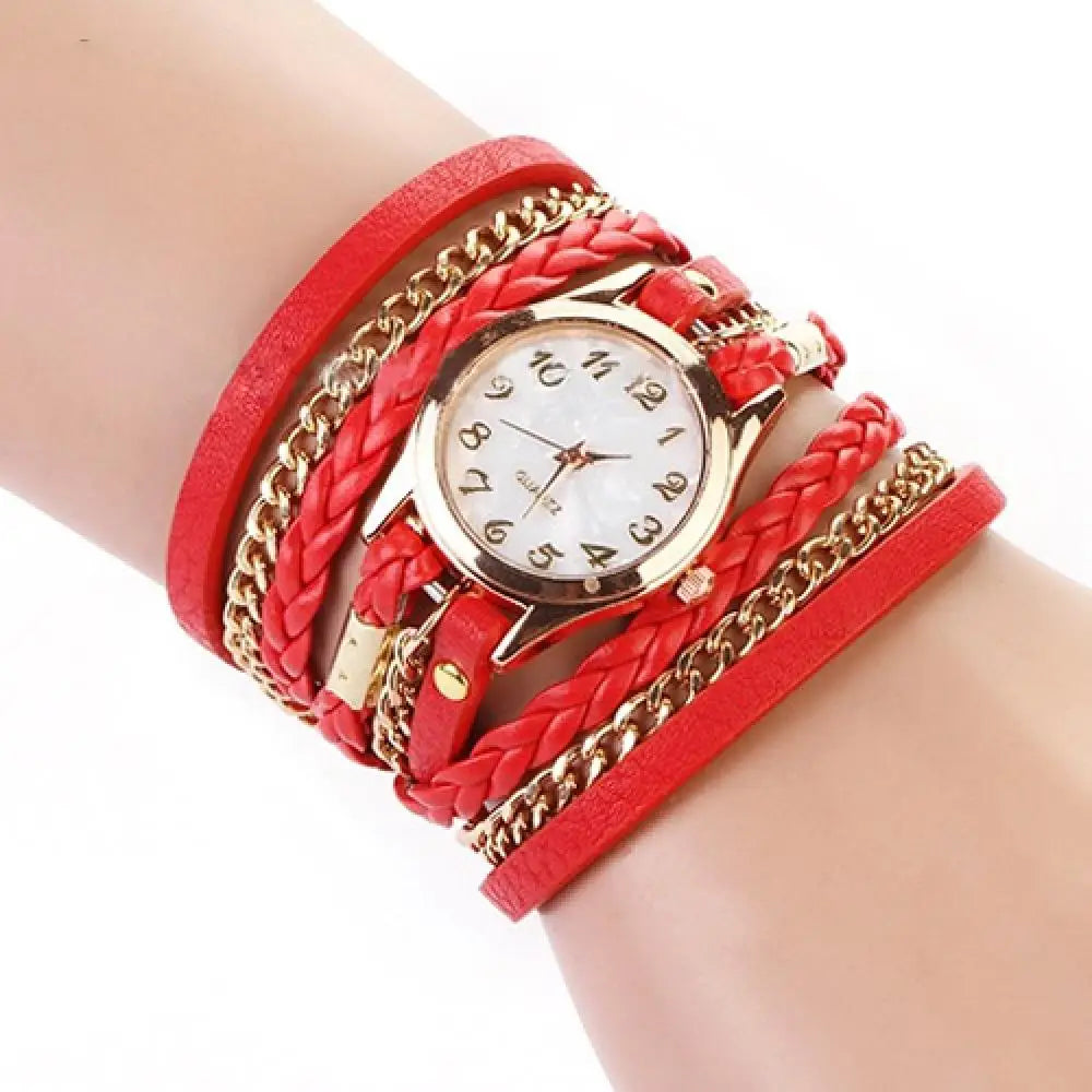 Quartz Wristwatch for Women Vintage Multilayer Faux Leather Alloy Braided Bracelet Wrist Watch Jewelry