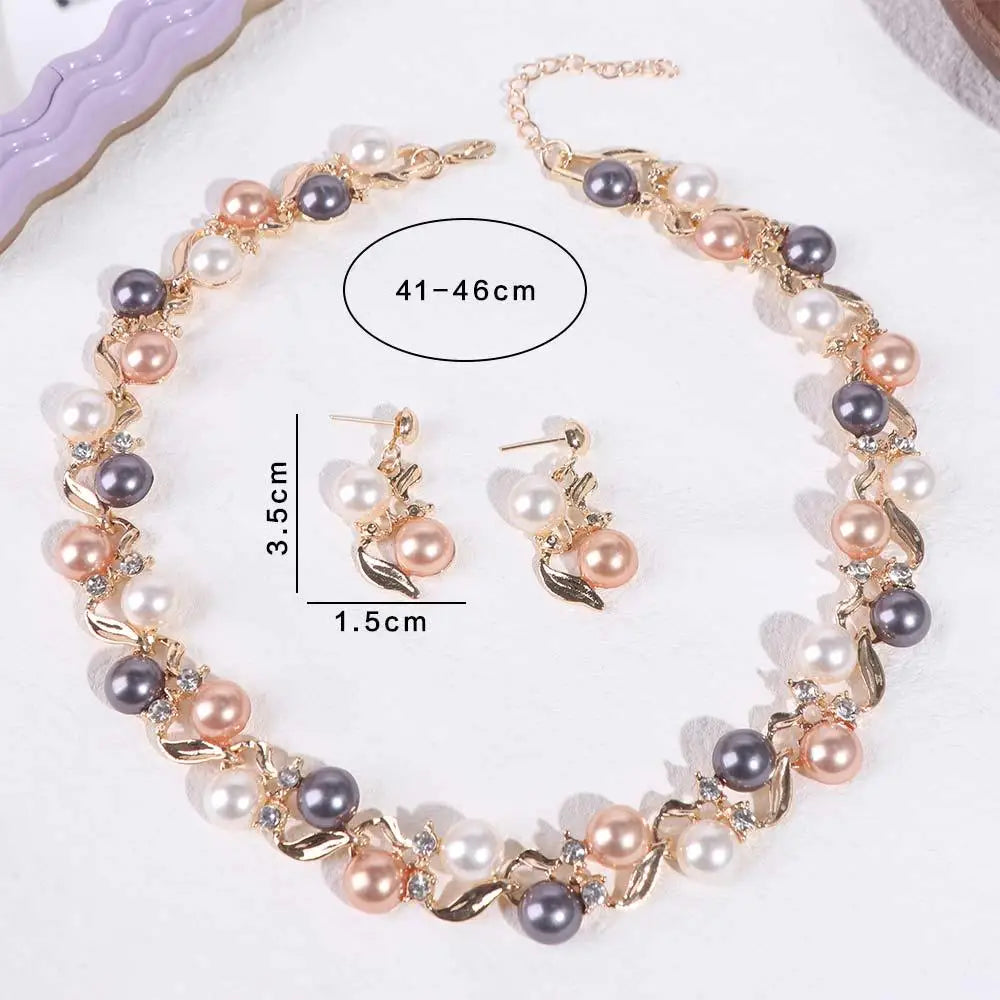 Exquisite Elegant Pearl Necklace Rhinestone Metal Colorful Pearl Necklace Dangle Earrings Leaf Necklace Earrings Set Gift