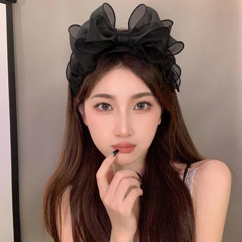 Women Originality Ruffled Edge Stylist Accessories Hair Hoop Fashion Korea Retro Black Mesh Big Bow Headband Hair Accessories