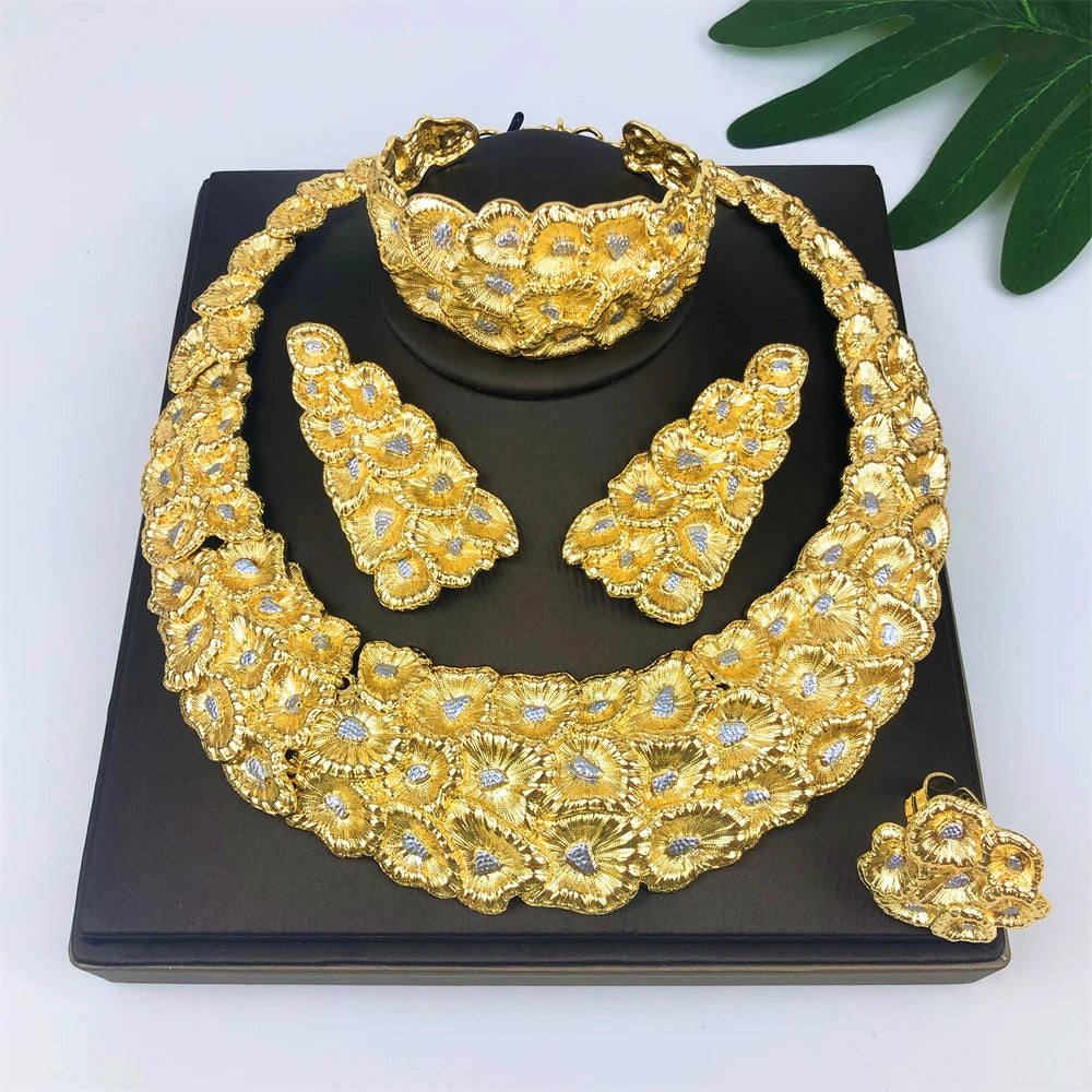 Two Tone Jewelry Set Africal Dubai Women Necklace Wide Bracelet Earrings Ring For Bridal Wedding Jewellery Gifts