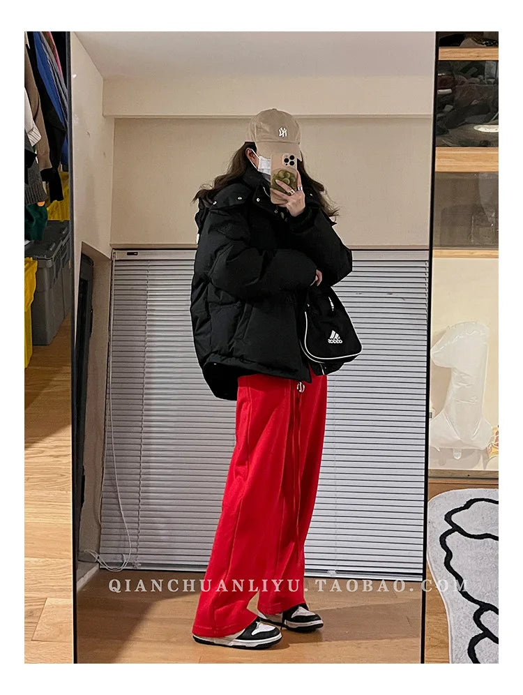 Women's Down Cotton Jacket Hooded Coat Winter Cotton Comfortable Thick Warm Love Embroidery Loose Jacket Snow Coat Clothing