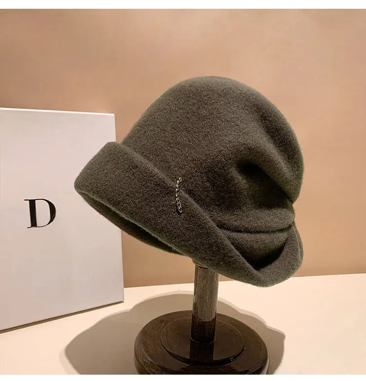 Winter Hat for Women Soft Warm Wool Cap Adjustable Ladies Beanie Cloche Bucket Hat Crushable Ski Hat Upturn Brim Church Hat