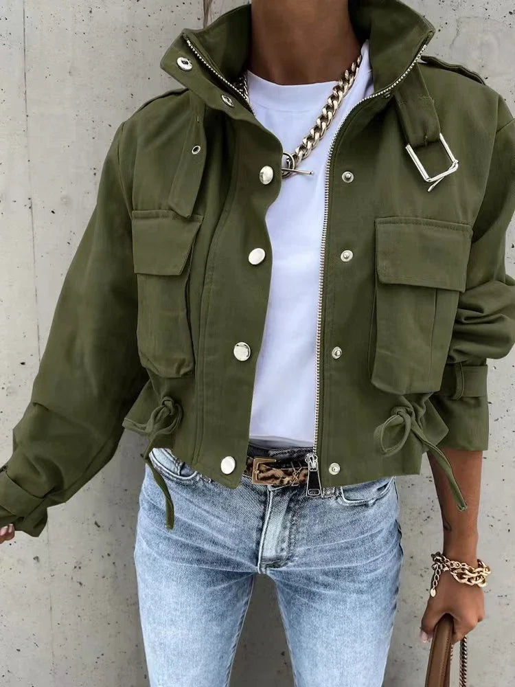 Women's New Short Casual Jacket Ladies' Autumn Rivet High Neck  Fashionable Printed Long Sleeved Single Breasted Jacket