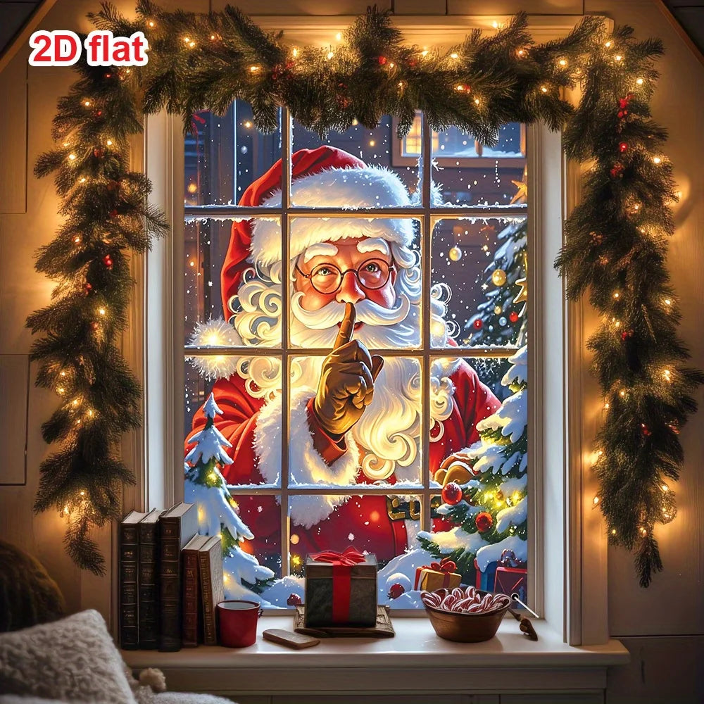 Christmas themed decoration flag, classic Santa Claus in red suit, snow windows, Christmas tree, gifts, and colorful lights