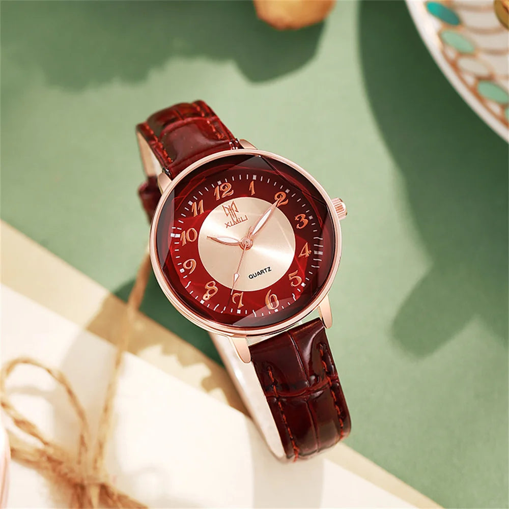 Women's Watch Simple Arabic Numerals Quartz Watch Fashionable Pink Leather Lady Business Clock Wristwatch