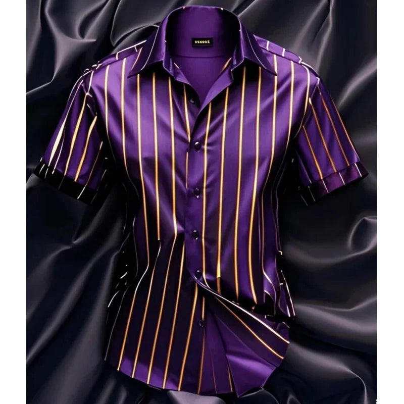 Men's fashion striped shirt, elegant casual comfortable breathable, short sleeves, lapel buttons, soft and comfortable material