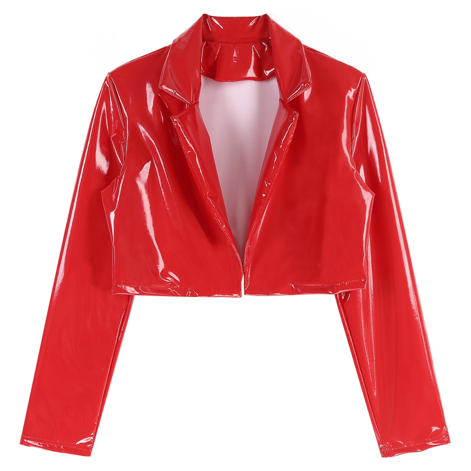 Womens Fashion Black Red Motorcycle Jacket Wet Look Music Festival Clubwear Long Sleeve Patent Leather Lapel Cropped Coat