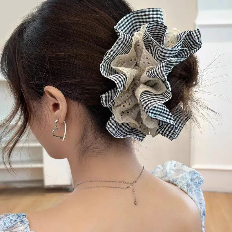 Women Large Lace Scrunchies Vintage Plaid Hair Bands Ponytail Holder Tie Hair Hoop Scrunchy Rubber Band Women Hair Accessories