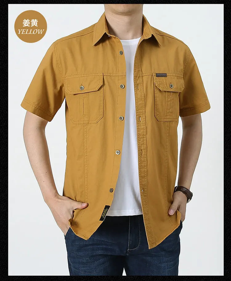 2023 Men Cargo Shirt Casual 100% Cotton Solid Short Sleeve Multi Pocket Work Blouses Loose Plus Size 5XL Business Men Clothing
