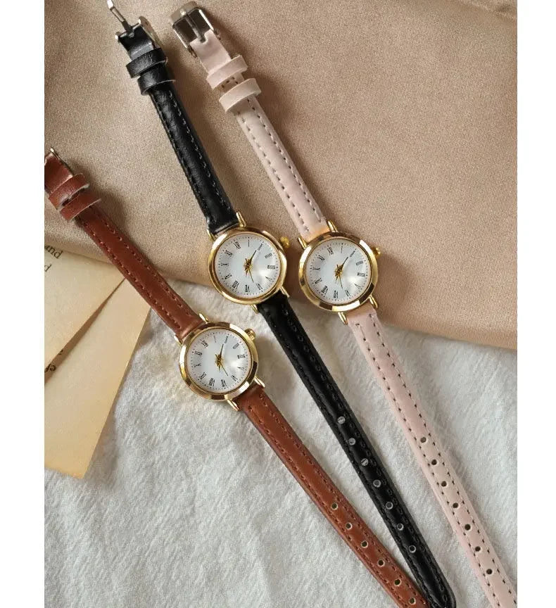 Women Brown White Small Round Watches Versatile Thin Strap Leather Band Ladies Quartz Watch Wristwatch Clock Reloj Mujer