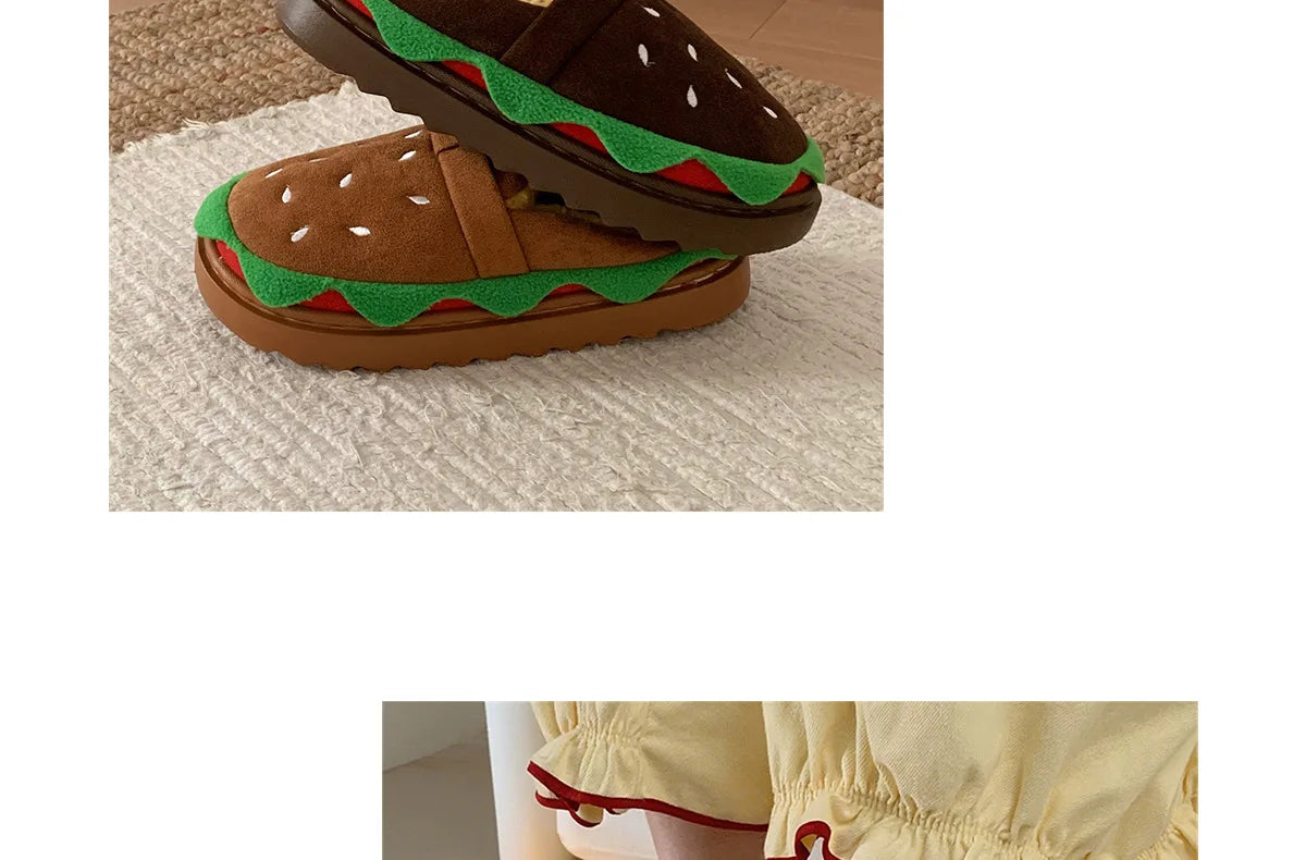 Women's Home Slippers Winter Warm Fuzzy Hamburger Slippers Funny Cute Indoor Rug Flat-Soled Home Shoes Plush Home Slippers
