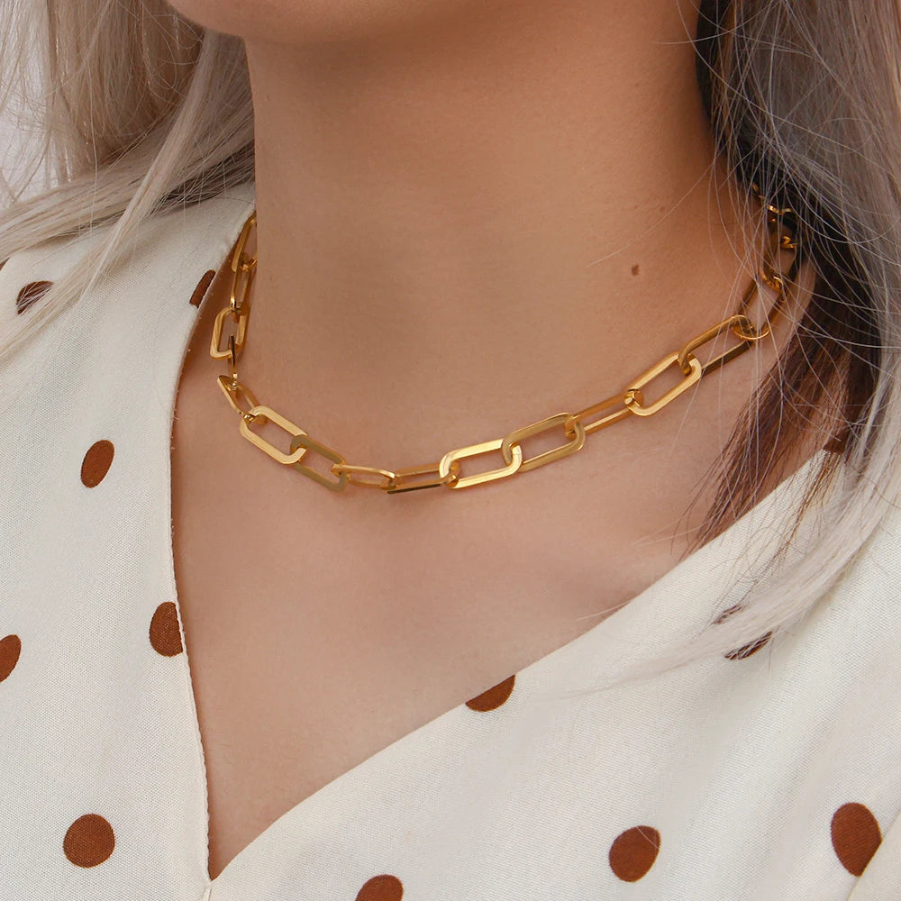 E.B.belle Chunky Paper Clip Chain Necklace Bracelet Jewerly Set Ladies New 18K Gold Plated Stainless Steel Chain Necklace