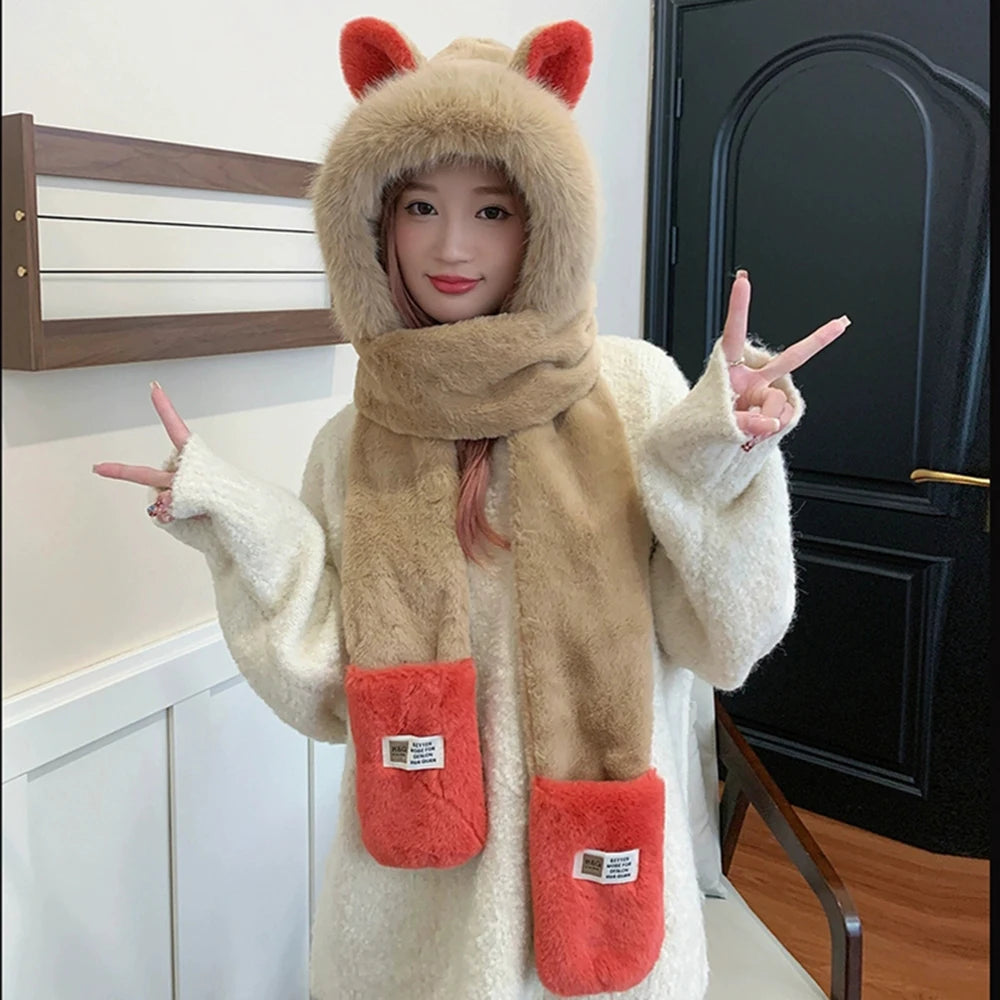 1 Pieces Winter Women's Warm Hat Three-piece Set Hat Scarf Gloves All-in-one Set Cute Cartoon Fashionable Versatile