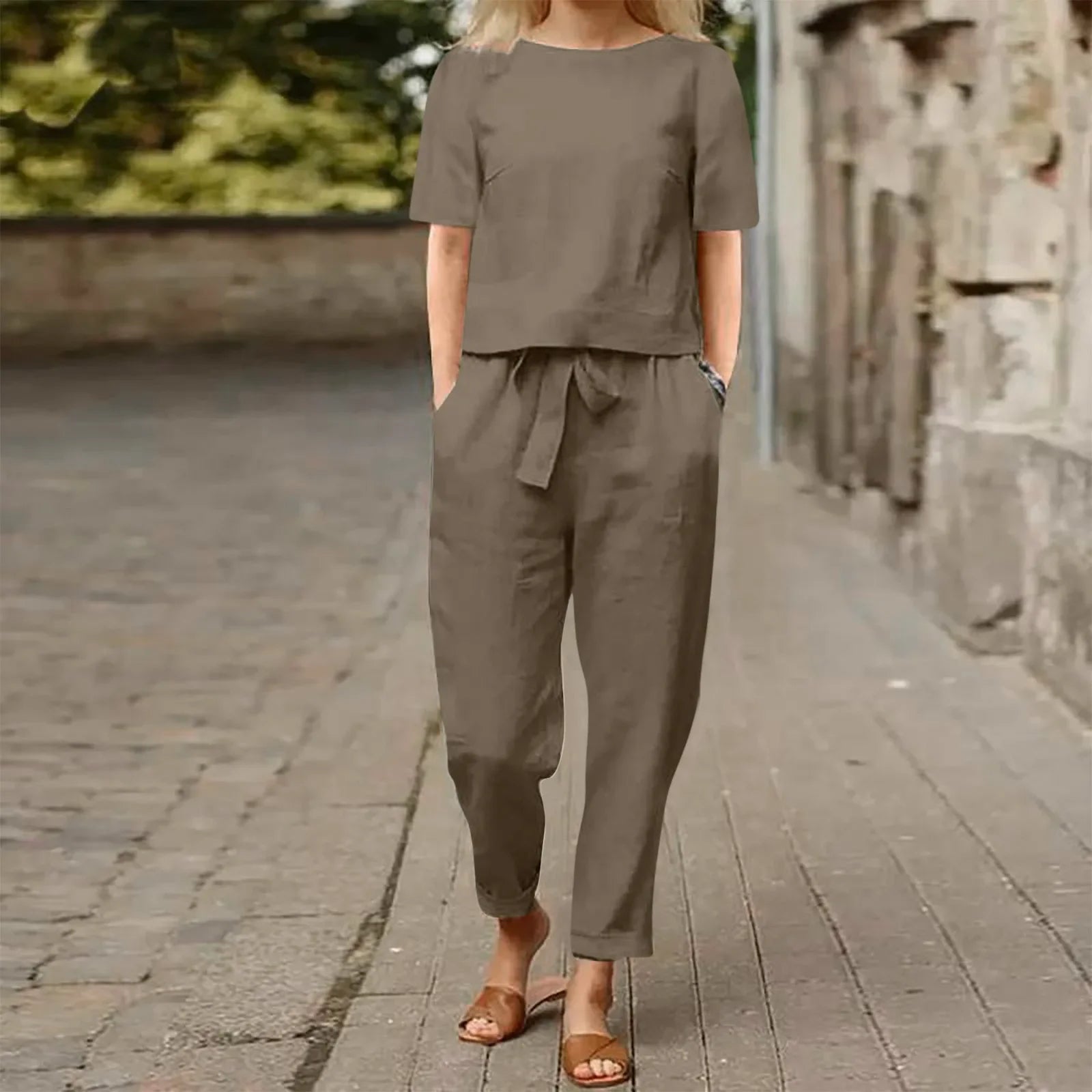 Women's Cotton Linen Suit Summer Matching Suit Half-sleeved Round Neck Tie Elastic Waist Trousers Wide-leg Pants Retro Suit