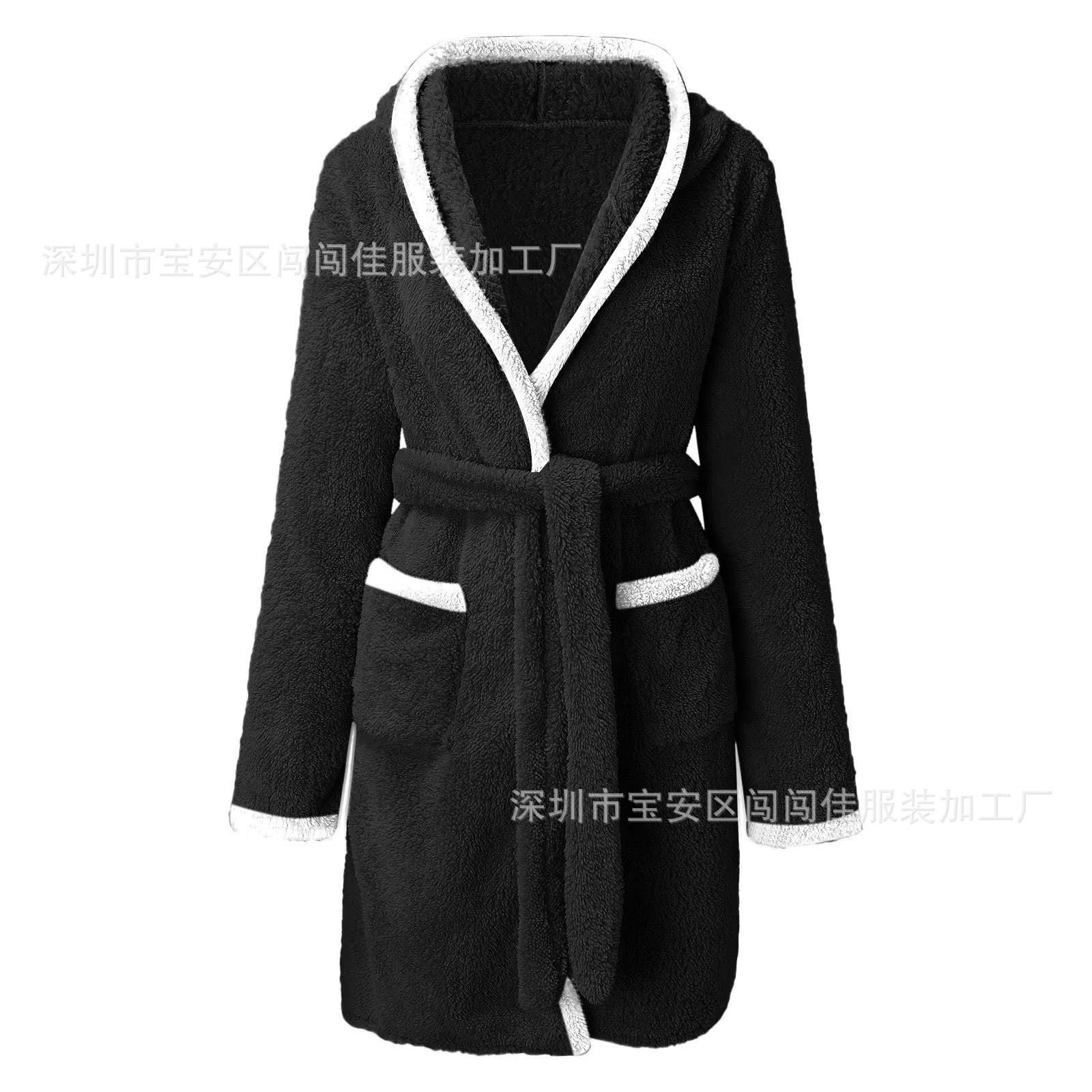 Women's Winter Casual Plush Robe Solid Color Matching Double Pocket Strappy Nightgown Fuzzy Bathrobe Coats Home Clothed Ladies