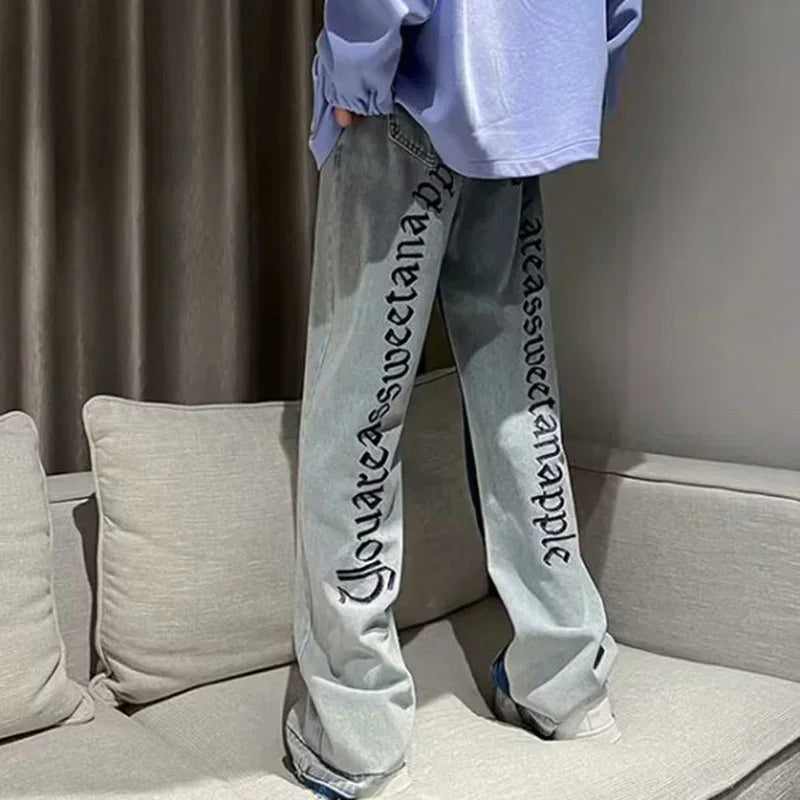 Man Fashion Casual Jeans Male Hip-hop Chic Loose Straight Leg Brand Retro Streetwear Pants Letter Print Goth Punk Baggy Trousers