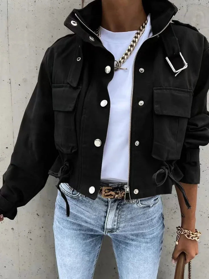 Women's New Short Casual Jacket Ladies' Autumn Rivet High Neck  Fashionable Printed Long Sleeved Single Breasted Jacket