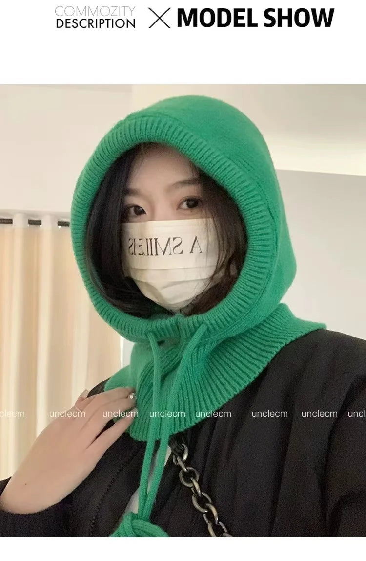 Winter Balaclava Hats For Men&Women Unisex Knitted Hooded Caps Outdoor Warmer Drawstring Hats One-Piece Neck Collar Beanies Cap