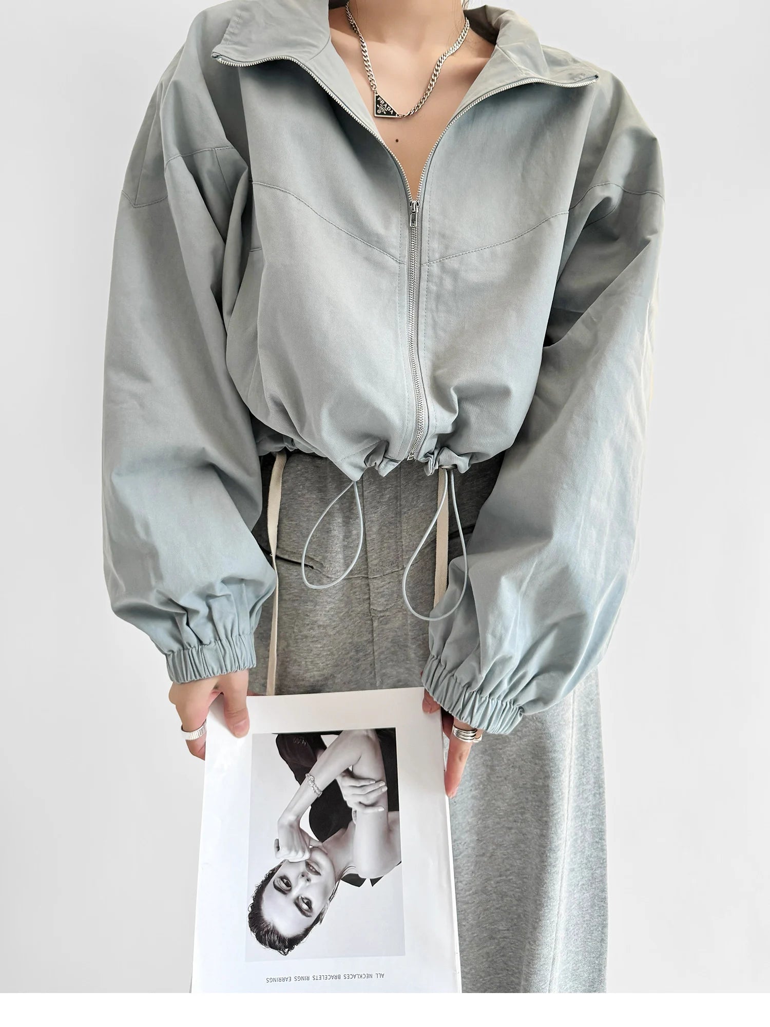 Women's Cropped Utility Jacket - Drop Shoulder Drawstring Hem Ribbed Cuffs Lightweight Cotton