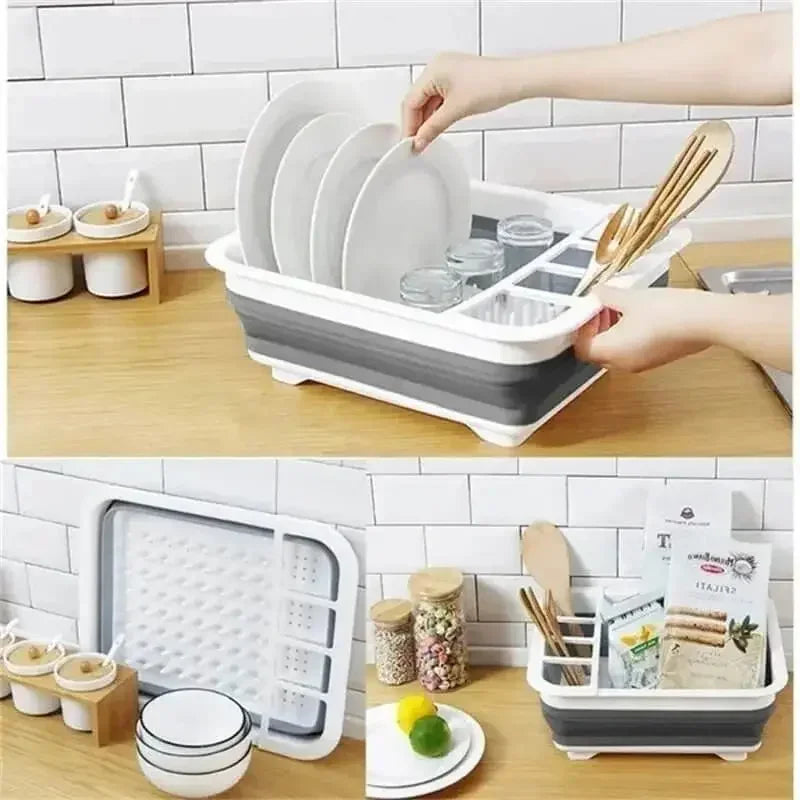 Kitchen Foldable Dish Rack with Drainer Collapsible Tableware Storage Box Non-Slip Simple Tableware Sorting Storage Box