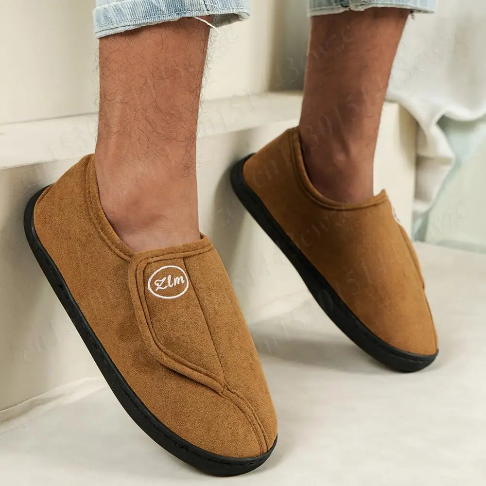 House Shoes for Men Suede Leather Slippers Non-Slip Slip-on Shoes Comfy Warm Plush Indoor/Outdoor for Diabetic Swollen Feet