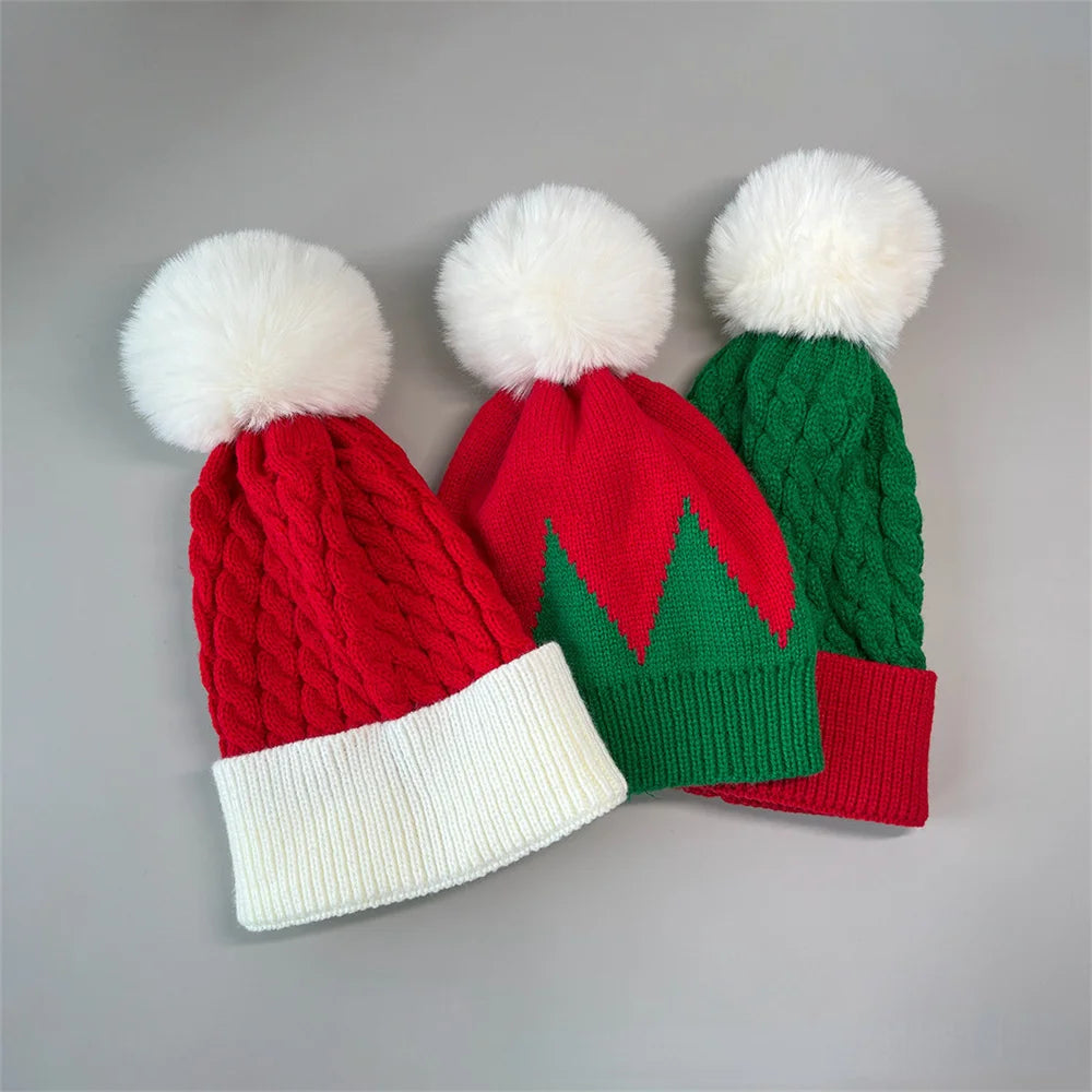 Winter Fur Pom Poms Hat Winter Hat For Adult Kids Hat Knitted Beanies Cap Hat Thick Christmas Xmas Santa  Skullies Beanies