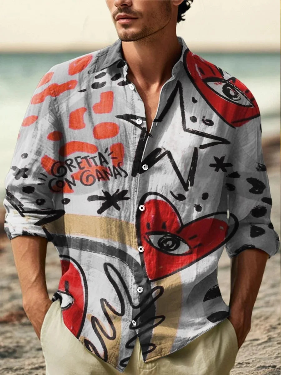 The new men's shirt is a fashionable and artistic printed linen shirt. The high-quality shirt fabric is comfortable