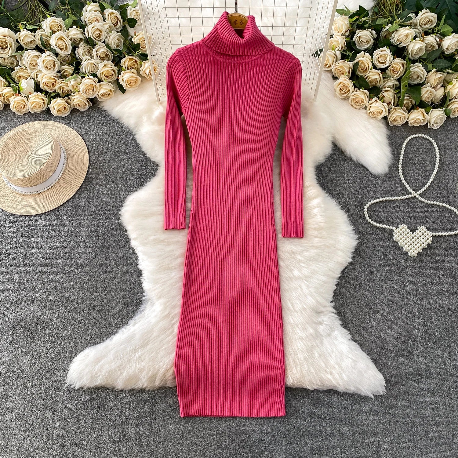Women Winter Turtleneck Knittign Dress Stretch Slim Long Sleeve Soft Knitwear Dresses Female Casual Lining Simple Bottom Vestido