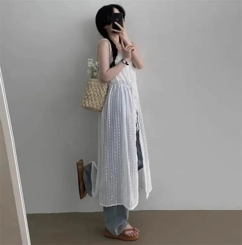 Embroidered Dress for Women in Summer Thin Lace up Layered Vest Long Cover Skirt