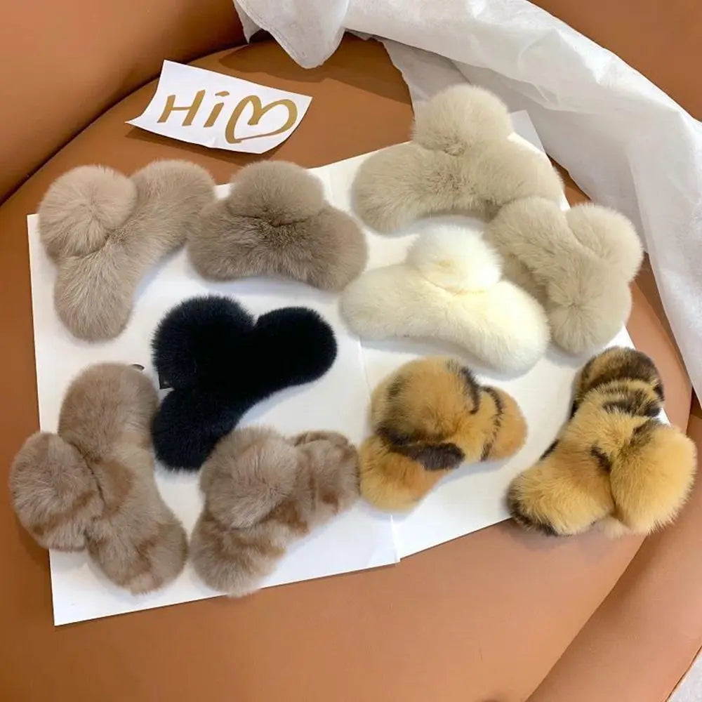 Autumn Winter Headwear Pure Color Rabbit Fur Female Hair Accessories Korean Style Hair Clip Leopard Grasp Clip Plush Hair Claw