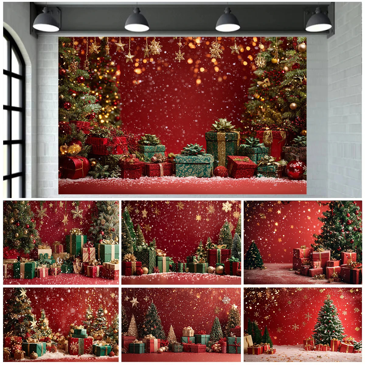 Christmas Day Decor Backdrop for Photography Xmas Tree Red Room Wall Glitter Gift Family Holiday Portrait Decor Photo Background