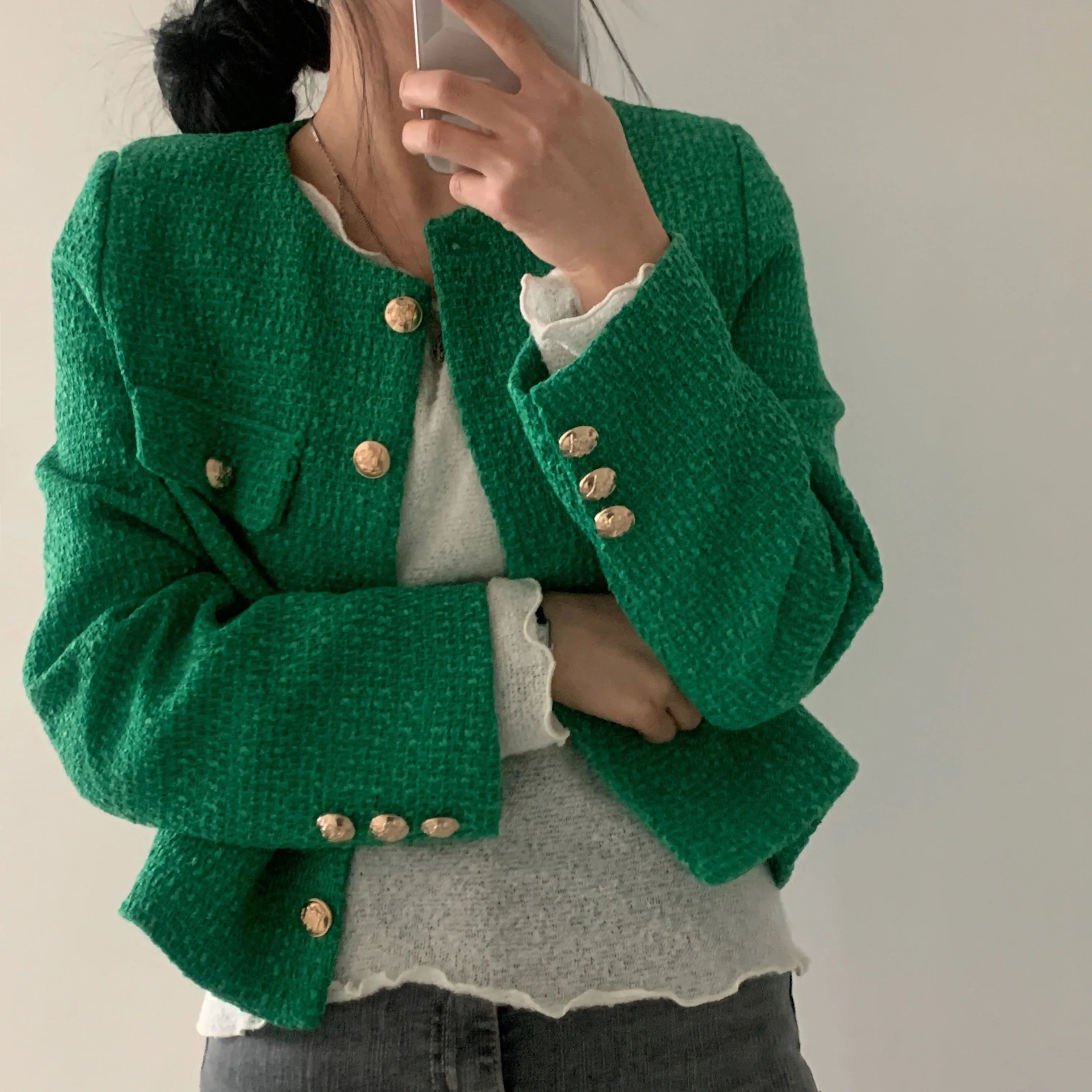 Women Jacket 2025 Autumn Winter Wool Tweed Coat Fashion High-end Gold Button Short Slim Coats Solid Korean Temperament Tops