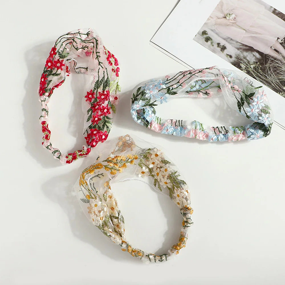 Simple Women Floral Embroidery Lace Face Wash Hair Band Hair Accessories Headdress Turban Headband