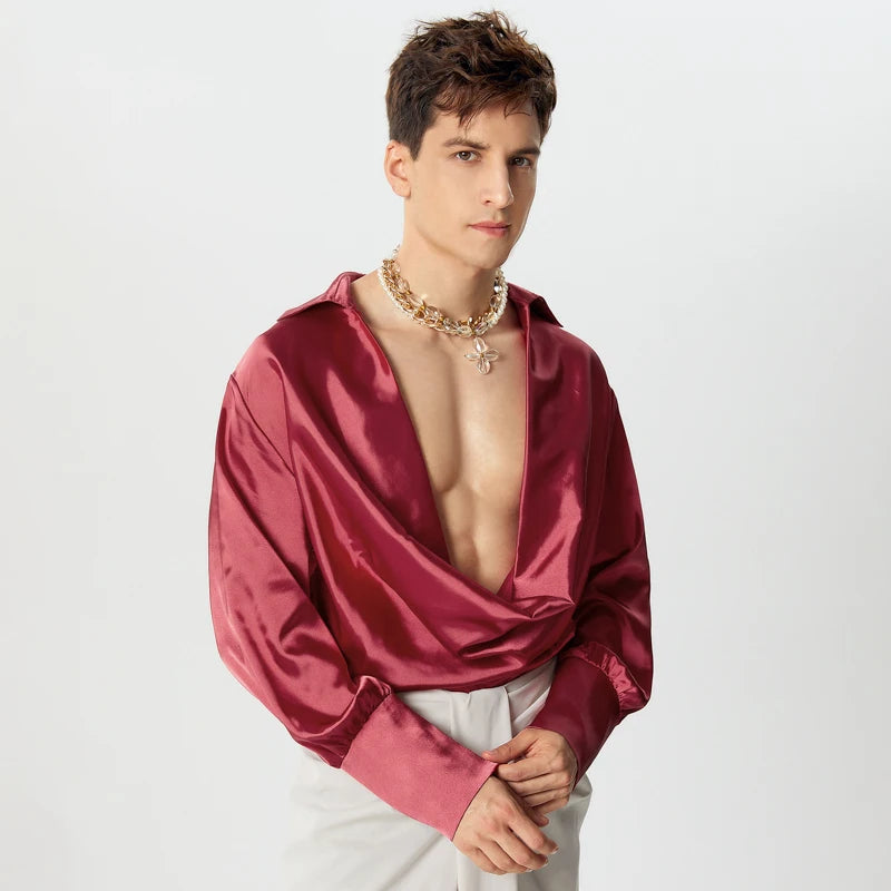 Men Shirts Casual Stylish Style Tops INCERUN Men's Shirts Sexy Male Solid Color V Neck Long Sleeve Fashion Men Clothing 2025