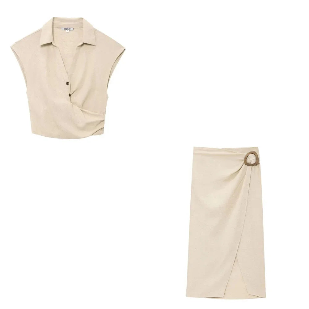 2025 New Women's Suit Summer Suit Casual Simple Multifunctional Pleated Lapel Sleeveless Short Top Paired with Buckle Slit Skirt