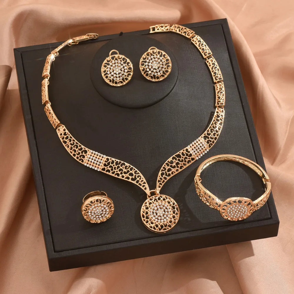 Exquisite Retro Jewelry Sets Shiny Golden Women Necklace Set High Quality Hollow Design Necklaces Bracelets Ring Sets Women