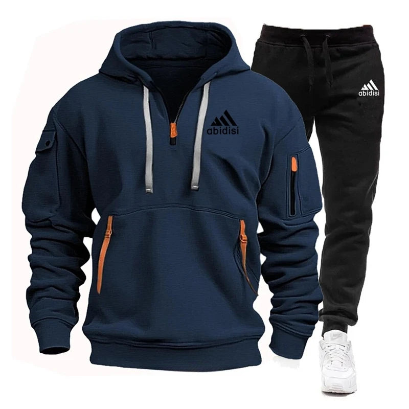 2025 Men's Tracksuit Casual Jogging Suit Outdoor Set Hoodies + Black Sweatpant 2pcs Fashion Warm Contrasting Colors Sportswear