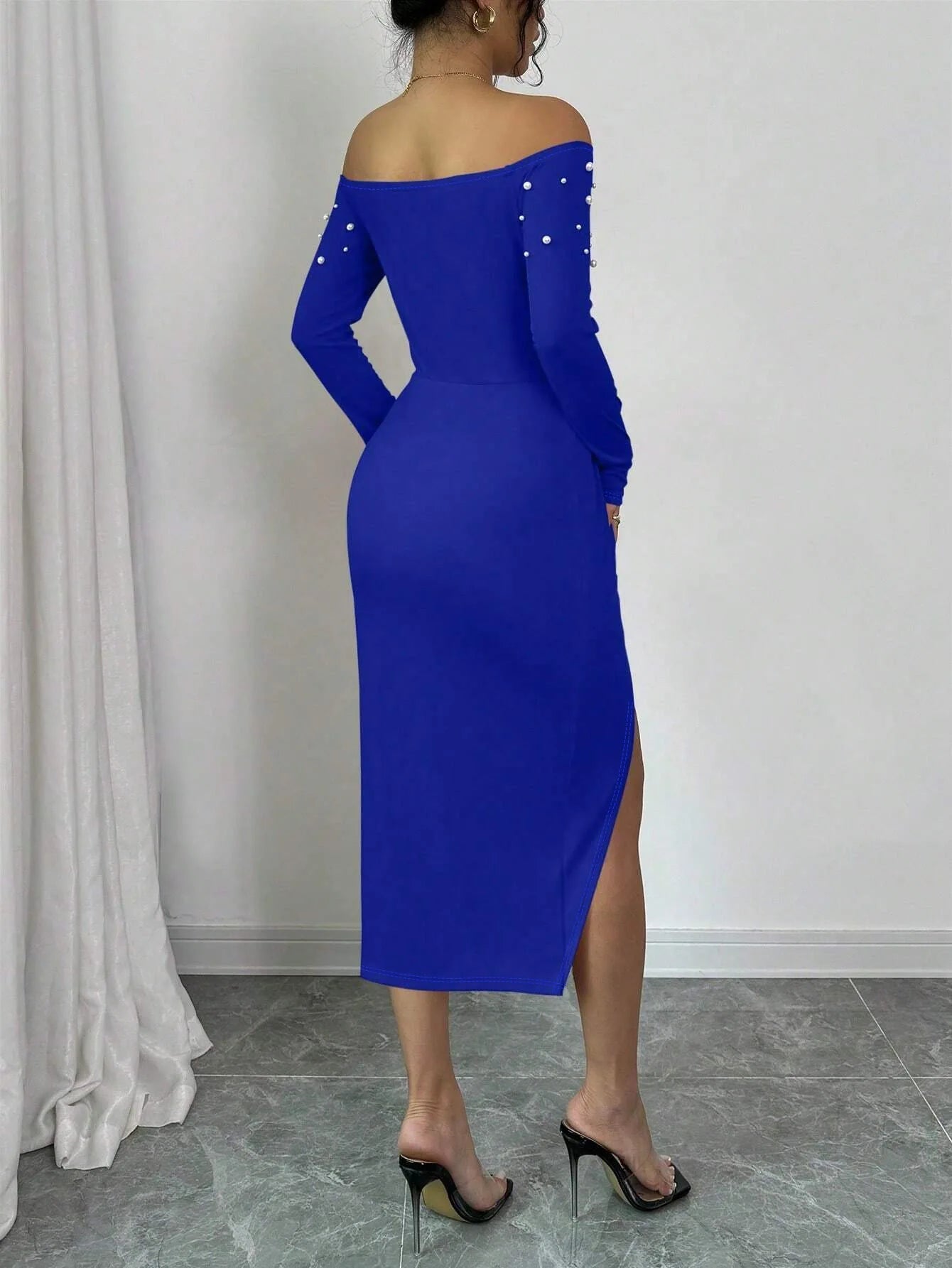 Autumn Winter Women Sexy Party  Split Midi Dress Fashion Off Shoulder Beaded Ruched High Waist Skinny Irregular Women's Dress