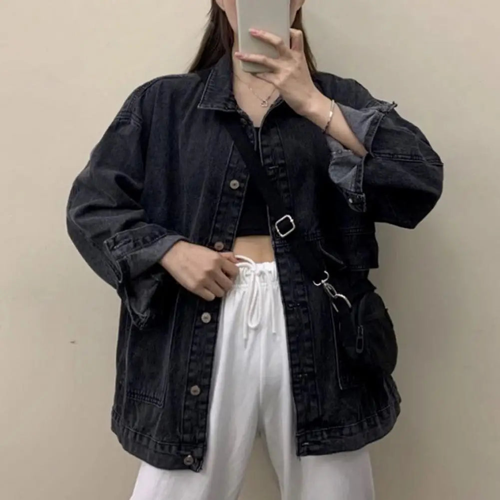 Women Jacket Washed Denim Single-breasted Cardigan Buttons Keep Warm Long Sleeves Turn-down Collar Women Coat Female Clothes