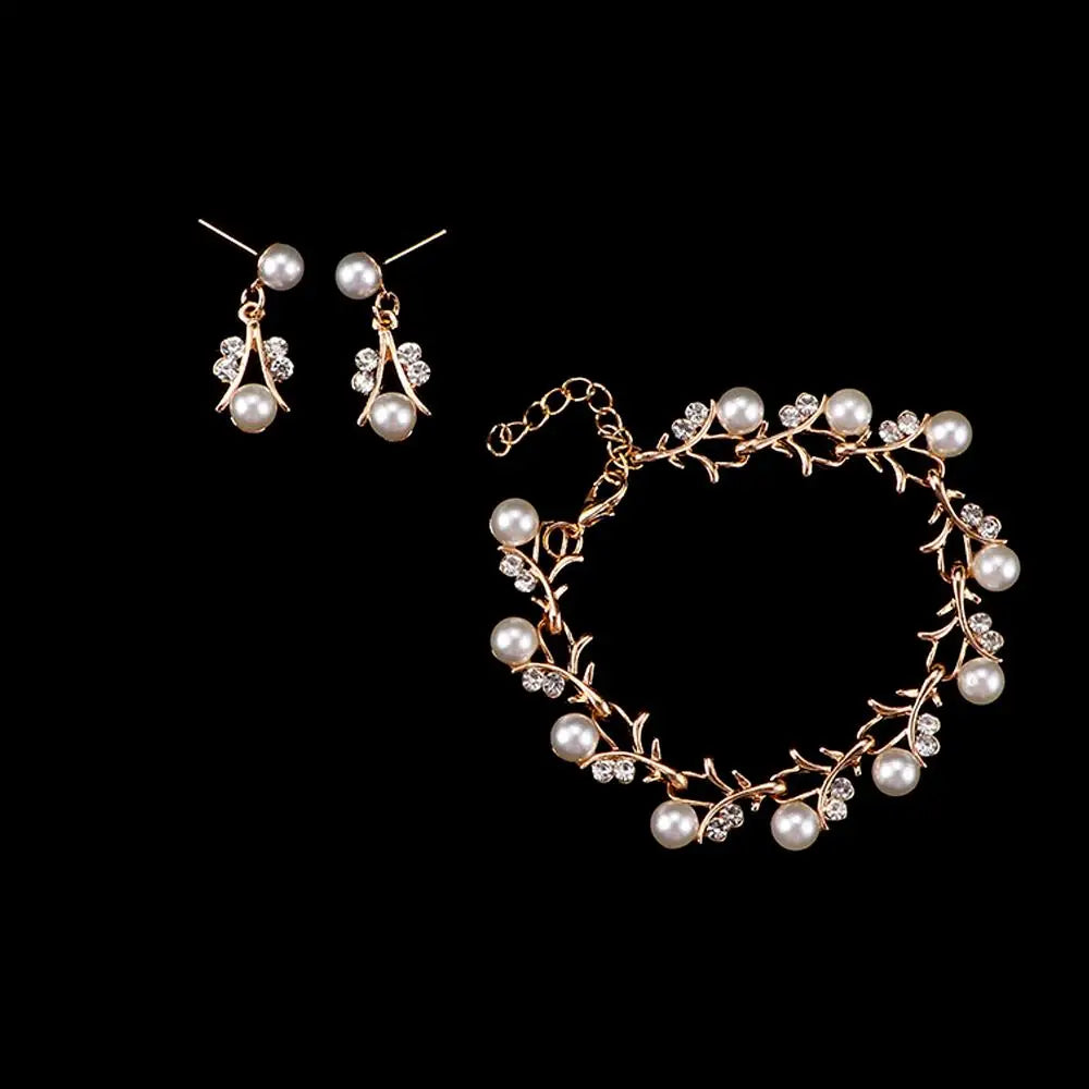 Day Gift Bridal Leaf Clavicle Chain Rhinestone Collar Choker Crystal Necklace Earrings Bracelet Set Wedding Jewelry Pearl