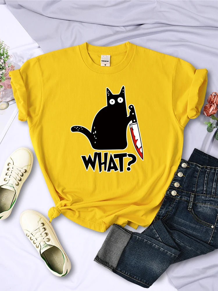 Kitchen Knife Black Cat Wha? Print Female Short Sleeve Fashion Breathable T-Shirts Summer Cool Tee Clothes Street Hip Hop Tops
