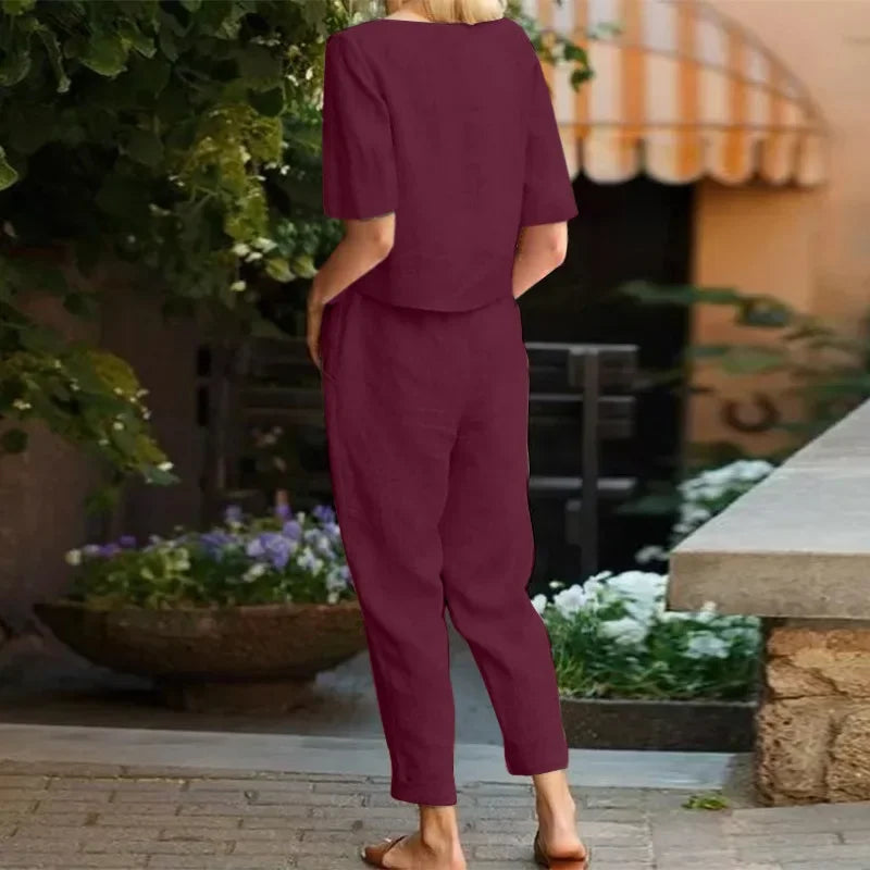 Women's Cotton Linen Suit Summer Matching Suit Half-sleeved Round Neck Tie Elastic Waist Trousers Wide-leg Pants Retro Suit