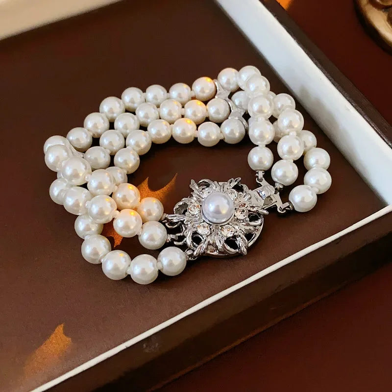 DREJEW Flower Multi-layer Pearl Jewelry Set for Woemn Fashion Bracelet French Fashion Light Luxury Temperament Accessories Sets