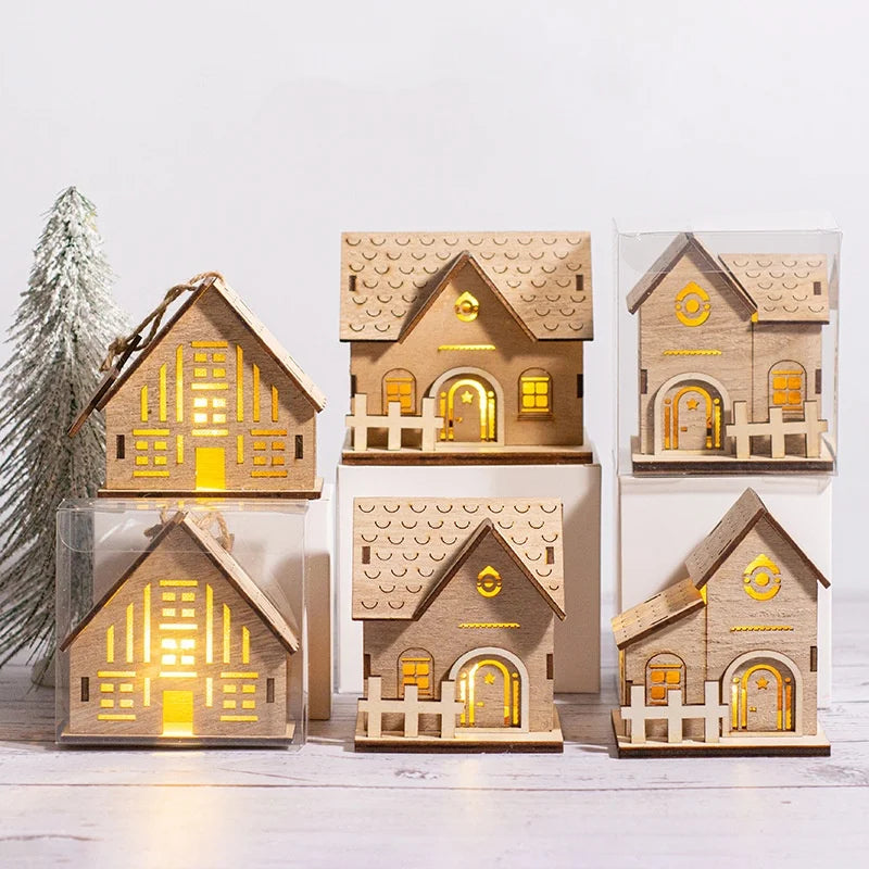 Christmas Led Light Wooden House Village Decorations Glowing Cabin Ornament Xmas House Desktop Ornament Holiday Home Decor