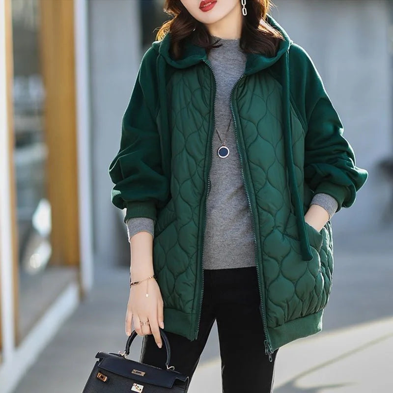 Autumn/Winter Jacket Women Hooded Splice Down Cotton Coat 2023 European Station Large Size Loose Cotton Jacket Female Outerwear