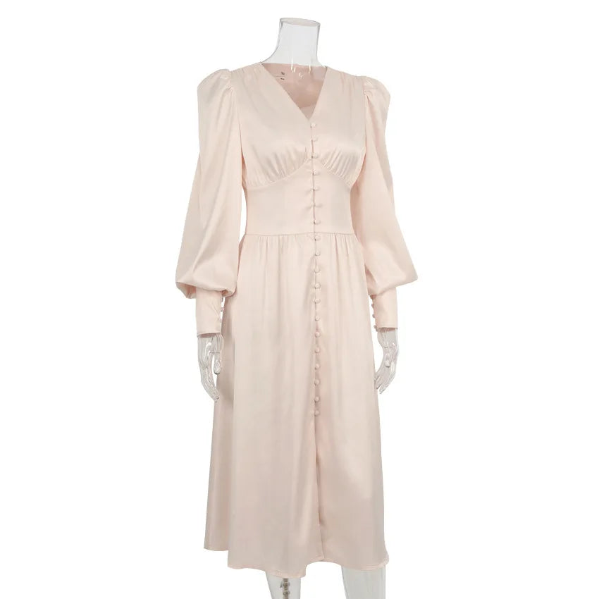 Autumn and Winter Women's Long Dress V-neck Satin Waist Retro Dresses for Women