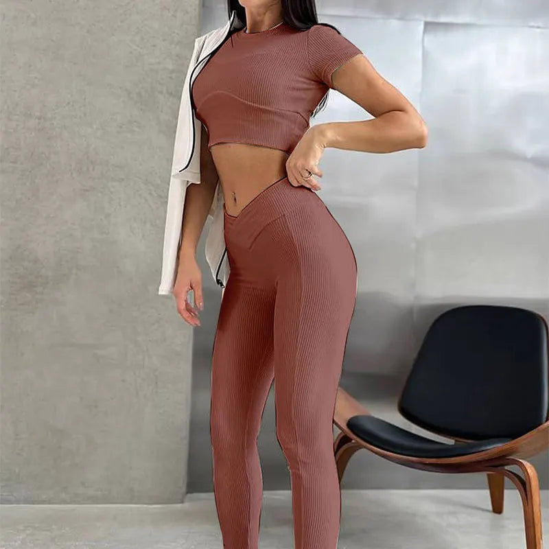 Sports Women Suit Summer Streetwear Fashion New Short Sleeve T-shirt Bodycon Trousers Two Piece Solid Sexy Lady Sports Clothing