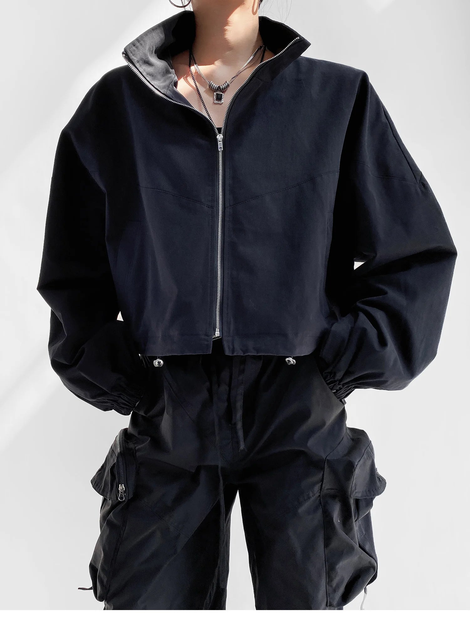 Women's Cropped Utility Jacket - Drop Shoulder Drawstring Hem Ribbed Cuffs Lightweight Cotton